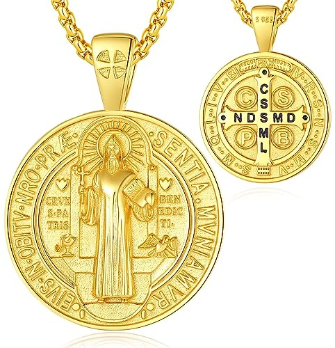 EUDORA Harmony Ball Heiliger Benedikt Kette Medaille für Damen Herren 18K Vergoldetes Sterling Silber, St. Benedikt Halskette Amulett Anhänger Christlicher Schmuck, Geschenke für Frauen Männer, 55CM