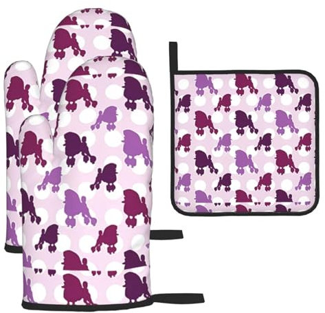 Set di 3 guanti e presine anti-scottatura a pois viola con barboncino e presine, per cucina, cottura e grigliata, regalo di Natale per la festa della mamma