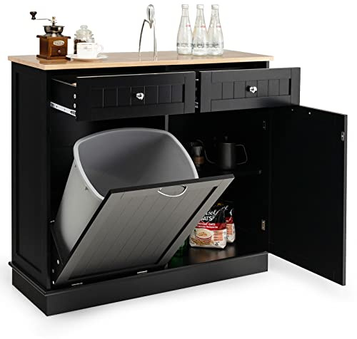 GOPLUS Buffet Cuisine avec 2 Tiroirs Coulissants, 97 x 33 x 90CM, Meuble de Cuisine, Étagère Réglable, Plateau Grand pour Salon, Armoire Inclinable Convient pour Poubelle 42L (Non Inclus) (Noir)