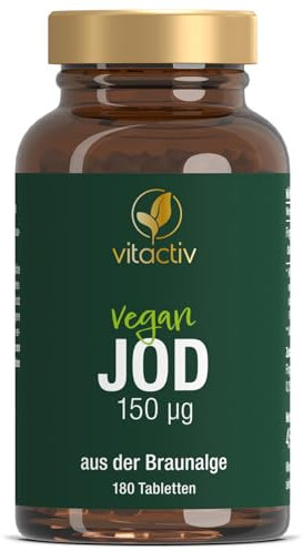 VITACTIV Jod Tabletten - 150 μg Jod aus Braunalgen bzw. Kelp - Natürlich, Vegan, Hochdosiert, ohne künstliche Zusätze - Produziert und Laborgeprüft in Deutschland - 180 Jodtabletten (180 Tage)
