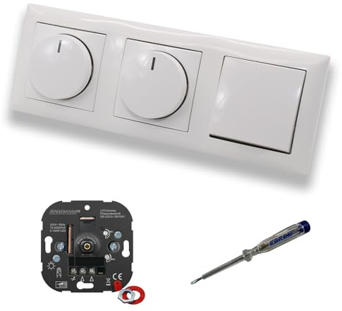 EBROM 1001 (2 x) LED Drehdimmer Dimmer + Busch Jäger Dimmerscheiben 2115-914 und Kreuzschalter 2000/7 US in Balance Si alpinweiß glänzend inklusive EBROM Phasenprüfer zur Montage der Geräte