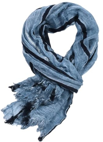 Bciopll En8 Herren-Schal, Baumwolle, Leinen, gestreift, Herbst, Winter, lang, weich, kurze Quaste, Schals, blau, One size