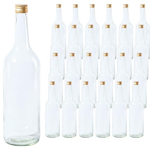 Vitrea 24 leere Glasflaschen 1 Liter Schraubverschluss Gold - große Flaschen zum Befüllen mit Deckel - für Wein, Saft, Getränke, Likör, Öl, Saucen - 24 Stück, PP28, Gradhals