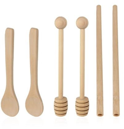 DHSBGWSX 2 cucchiai per miele, 2 cucchiai in legno, 2 cannucce in legno, cucchiai per mescolare, mescolare il miele, cucchiaio da caffè, frusta per bevande, set di stoviglie, accessori da cucina