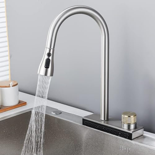 ZYCDP Spülenarmatur Küche Ausziehbar Küchenarmatur Edelstahl Flying Rain Wasserfall, Einhebelmischer Wasserhahn Schwenkbar Küche Gebürstet
