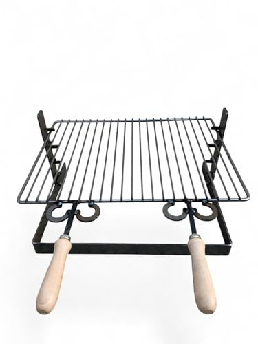 Griglia in ferro regolabile su più altezze, bistecchiera con manici in legno, per barbecue e camino per carne pesce verdure (50x36 cm)