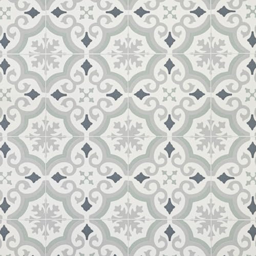 Sage Grey Victorian Tile Effect Eclipse Vinyl Flooring 2mm Thick Lino Roll Bathroom Kitchen (2m Wide x 2m Long)
