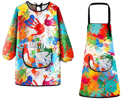 XIAQICA 2 Pezzi Grembiule Pittura Bambini Acquerelli camicetta con Tasche 7-11 Anni Grembiule Bambino Impermeabile Grembiuli Bambini Regolabile Grembiule Pittura per Graffiti Colorati, Scuola, Cucina