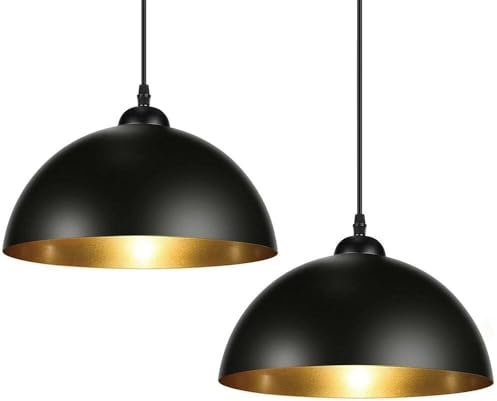 BAKAJI Coppia Lampadari Sospensione Design Moderno Industriale Porta Lampada in Metallo Diametro 30cm Lunghezza 130cm Cavo Regolabile Lampadina E27 Max 60W Lampadario Illuminazione Casa (Nero e Oro)
