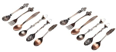 SECFOU 12piezas Cucharas y Tenedores De Café Vintage Color Rojo Bronce Utensilios De Mesa Para Postres y Aperitivos Para Celebraciones y Uso Diario