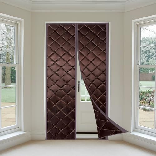 Rideau de Porte Isolant Phonique, 145x210cm Rideau de Porte D'entree Isolant Thermique,Aimants Ultra Seal Isolation Phonique Imperméable,Café