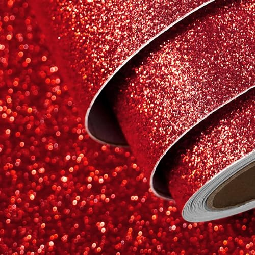 FunStick Ruby Red Glitter Wallpaper Peel and Stick for Living Room Sparkle Fabric Vinyl Wrap for Walls Cupboards Birthday Party Decor Glitter Vinyl Covering Red Wall Paper Roll Bedroom Crafts 40CM×2M