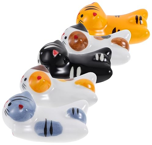 Cabilock Soportes para Palillos y Reposacucharas De Cerámica Diseño De Gato, Juego De 5 Piezas, Pequeño y Compacto, Colores Amarillo, Marrón y Negro, para Mesa Familiar y Uso Diario