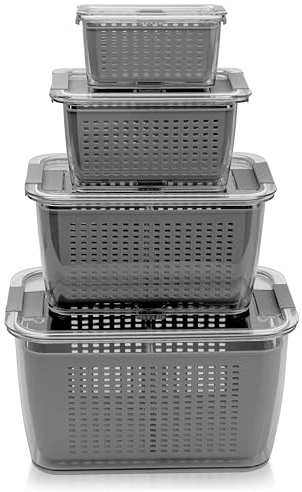 Crystals Fridge Organiser Storage Box Set of 4 – Stackable, BPA-Free Transparent Containers with Drain Tray & Air Vents for Kitchen, Pantry & Refrigerator (Grey)