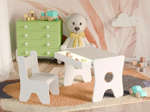 Happy Babies - Kinder-Schreibtisch mit 1 Stuhl – Ergonomischer Spieltisch mit Stauraum – Ergonomischer Spiel Lerntisch Jungen & Mädchen – Kindermöbel Vorschule & Kindergarten (Grau)