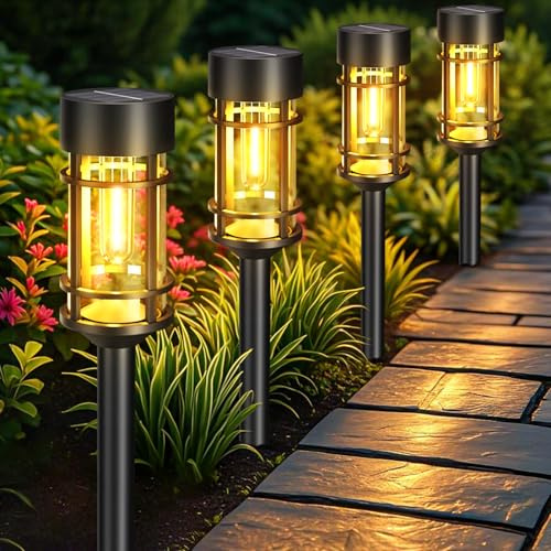 btfarm Solarlampen für Außen Garten, 4 Stück Solarleuchten für Außen IP65 Wasserdicht Auto Ein/Aus Helle Warmweiß Solar Gartenleuchten Deko für Balkon, Rasen, Terrasse, Hof