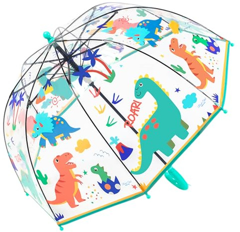 Chesoon Paraguas Transparente para Niños con Suave Mango Curvado Cúpula de Burbujas a prueba de viento y simpáticas figuras de dinosaurios