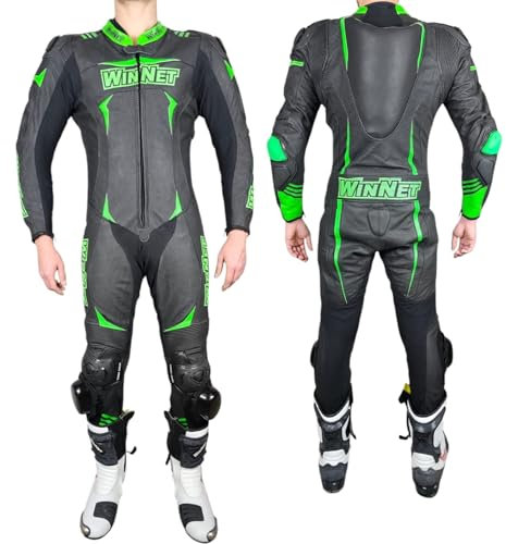 WinNet Tuta per moto in pelle intera monopezzo 1 pezzo racing pista traforata ventilata con saponette e gobba (Verde, M)