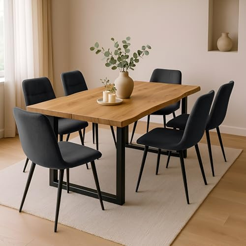 SAM 7 TLG. Essgruppe Josy | 220 x 100 cm | Holz Wildeiche-Optik | Stuhl Set Susi Anthrazit | U-Gestell Schwarz | Esstisch mit 6 Stühlen | Esszimmertisch/Küchentisch/Holztisch | Esszimmer
