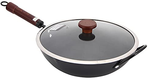 ASerZenith Sartén Wok De Hierro Antiadherente con Mango De Madera Desmontable Y Tapa De Vidrio para Cocinas Eléctricas, De Inducción Y De Gas.