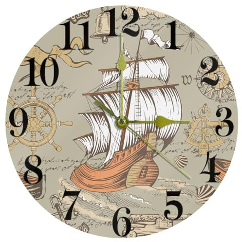 VAPOKF Travel Adventure, orologio da parete vintage con nave, ancora e bussola, silenzioso, senza ticchettio, al quarzo, funzionamento a batteria, rotondo, orologio da parete per casa/cucina/ufficio