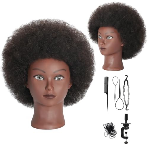 Afro Curly Mannequin Head with 100% Human Hair Curly Hair Hairdresser Hair Styling Cosmetology Manikin Head Doll head for Hairdresser Practice Styling Dye Braiding with Clamp Stand