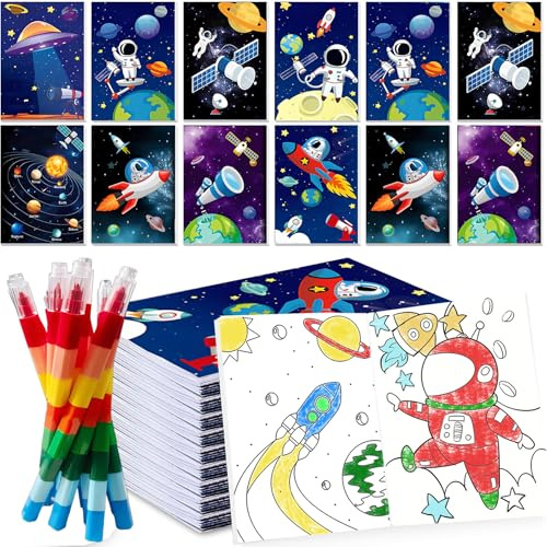 Jiaoohoo Weltraum Kindergeburtstag Mitgebsel,12 Mini Malbuch 12 Stapelbare Buntstifte Kleine Geschenke für kinder,Astronaut Geburtstag Deko,Weltraum Party Give Aways Set.