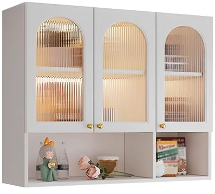 Oberschrank Küche Weiß Geräuscharme Scharniere Offener Unterschrank Arzneischrank Hausapotheke Durchsichtige Türen mit Griffen für Badezimmer und Küche(90 * 32 * 80cm)