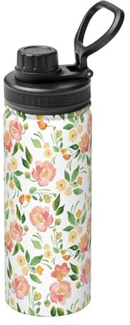 Bouteilles d'eau en acier inoxydable avec imprimé fleurs et oiseaux - 532 ml - Bouilloire isotherme pour le cyclisme, la gym, l'extérieur - Pour homme et femme