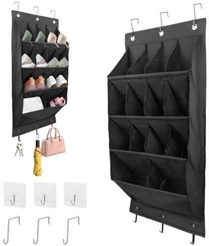 FitRepa Schuhaufbewahrung Hängend Schuh Organizer Hängend mit 14 Großen Taschen, Über der Tür Schuhregal für Schrank mit 3 Metallhaken und 3 Haken Selbstklebend (Schwarz)