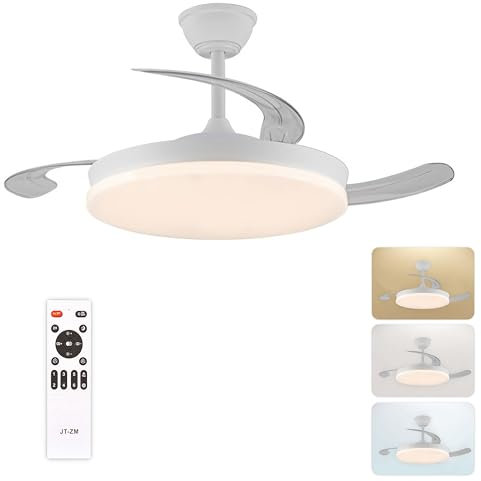 CLAR Ventilador Techo Aspas Retráctiles, Ventilador de Techo con Luz, Silencioso con Mando, Aspas Plegables y Motor Reversible, Ceiling Fan with Light (Blanco, 48W)