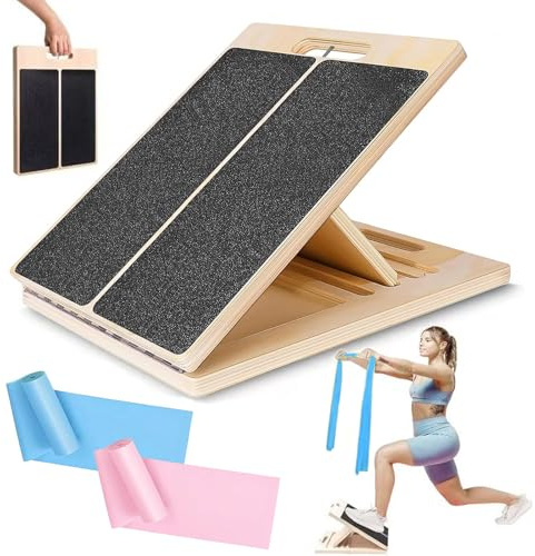 Schrägbrett und Mobility Board aus Holz, Wadendehner für Physiotherapie, Verstellbares‌ Slant Balance Board und Gleichgewichtstrainer mit Fitnessbänder für Heimtraining & Muskeldehnung