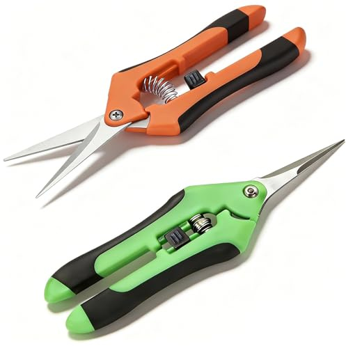 Straight Tip Pruning Shears, Gardening Hand Scissors, Stainless Steel Blade Spring Loaded Secateurs for Fruit Branch Bonsai Flower Plants（Green+Orange）