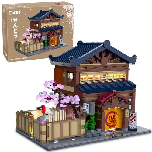 CaDA C66012w Bausteinmodell Eines Japanischen Thermalhotels, 1249 Teile Japanischer Architektur, Kirschblütengarten Mit Warmem Led-Licht, Sammlerhaus Zum Zusammenbauen (C66012W)