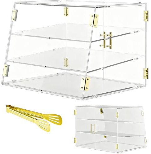 CITYJOY 3-Tier Slanted Acrylic Bakery Display Case, 21×17×17 Commercial Countertop Pastry Showcase with Automatic-Closing Rear Doors for Donuts, Bagels, Macarons, Cupcakes