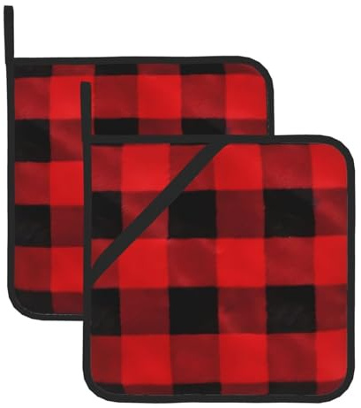 HJFCZH Set di 2 presine rosse e nere con motivo scozzese a quadri di bufalo spesso e resistente, per sollevare coperchi in cucina, rimuovere ciotole e piatti da microonde e forni