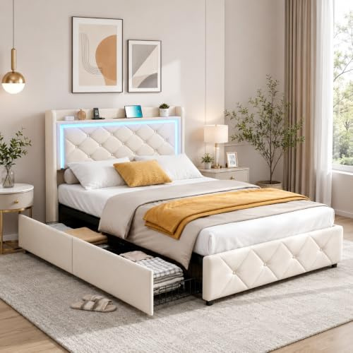 Letto Imbottito 90 x 200 cm, Letto con 2 Cassetti, Letto LED con Funzione di Ricarica USB, Letto Matrimoniale con Cassetti e Testiera, con Sommier a Doghe in Legno, Letto per Adolescenti (Beige-A