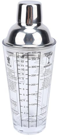 Qcwwy Coctelera de Vidrio, Tapa de Acero Inoxidable de 14 Oz, Colador Incorporado, Coctelera Mezcladora de Bebidas Transparente con Escala Doble y Taza Mixta de Cóctel de Receta para