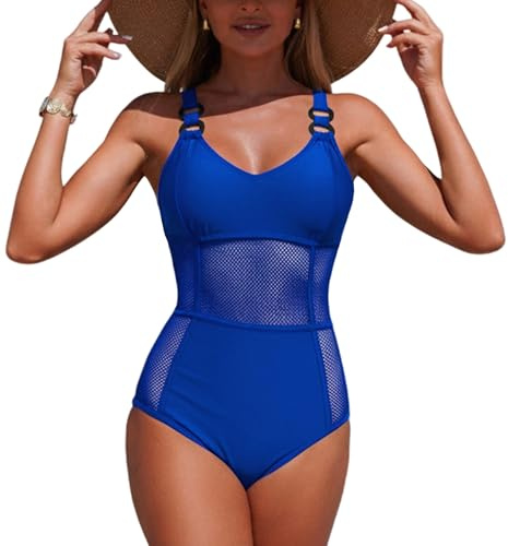 Maeau - Traje de Baño Mujer 1 Pieza Sexy Col V Reductores Vientre Plano Malla Push Up Bañador Una Pieza Natación Playa L