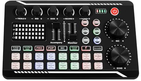 Live-Soundkarte Audio Mixer,F988 Bluetooth Stereo Audio Mixer mit DJ Mixer Effekte und Voice Changer,Spracherkennungsfunktion,Einstellbare Tonhöhe,Typ-C OTG