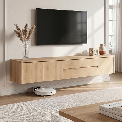 TFFCIC 180cm Light Oak Floating TV Unit with Storage, Fully Assembled Wall Mounted TV Cabinet with Drawers for Living Room, Fits up to 85 Inch TVs, 18mm German-Veneered Multi-Layer Plywood