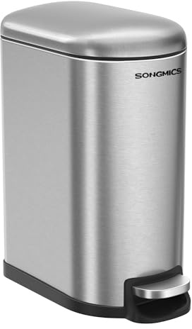 SONGMICS Poubelle de Salle de Bain 10L, Petit, Couvercle, Poubelle à Pédale pour Toilettes, Compact, Petit Espace, en Acier, Fermeture en Douceur, Argent Métallique LTB10NL