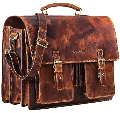 Stilord ”Anton”-portfölj, väska, läder, stor vintageportfölj för 15,6 tum bärbar dator, axelväska för lärare, skola, affärer, arbete, vagn, Kara – Cognac, L