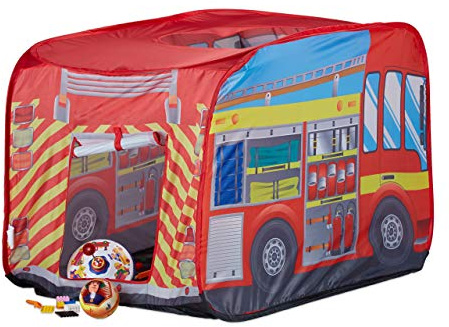 Relaxdays 10022459 Tenda Gioco per Bambini Pompieri Pop up con Auto per Interni e Esterni 70x110x70 cm, da 3 Anni Rosso