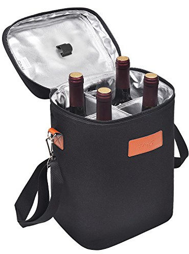 Kato Tirrinia Insulated Wine Cooler Bag - 4 Bottle Travel Padded Wine Carrier Tote Bag for Picnic Beach and Camping, Wine Lover Gift, Black