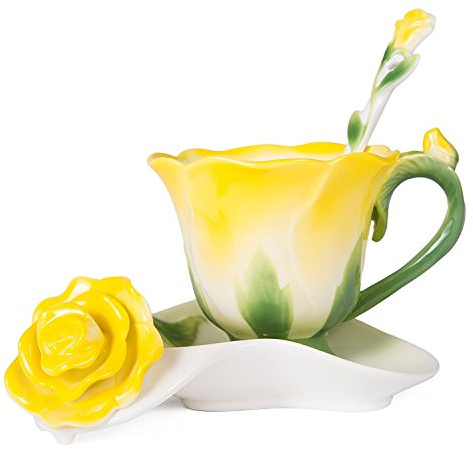 YBKTEX Creative 3D Rose Bone China Cup and Saucer Set (Yellow)