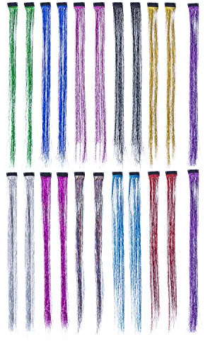 SWACC 22 Pcs Colored Party Highlights Clip on in Hair Extensions For Women Multi-Colors Hair Streak Synthetic Hairpieces (11 Colors 22 Pcs in Set -Sparkling & Shiny Hair Tinsel Strands)