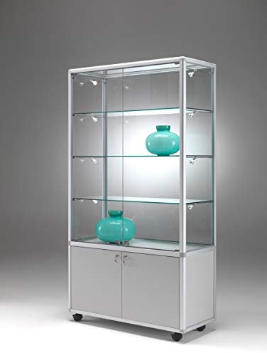 MHN Glasvitrine T 42,5 x B 79 x H 184,5 cm - breite Ausstellungs-Vitrine mit Unterschrank abschließbar - Glas Vitrinenschrank - Spiegel-Rückwand - ohne Beleuchtung