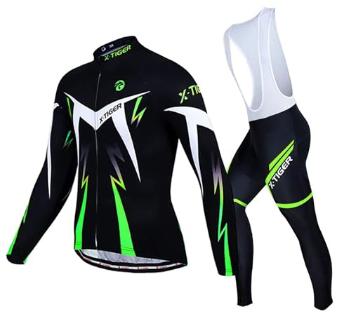 X-TIGER Herren Langarm Radtrikot Set Herbst und Winter Radsportanzüge | 5D Gel Gepolsterten Oberteil + Latzhose mit Reißverschlusstaschen und Reflektierendem Logo Warm Bequem