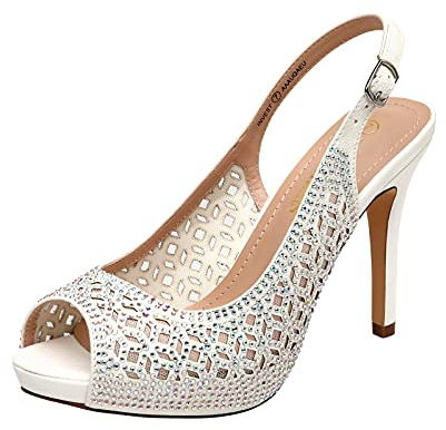 DREAM PAIRS Women's High Heels Platform Dress Rhinestones Peep Toe Pumps Shoes,Size 9.5,White/Glitter,Invest